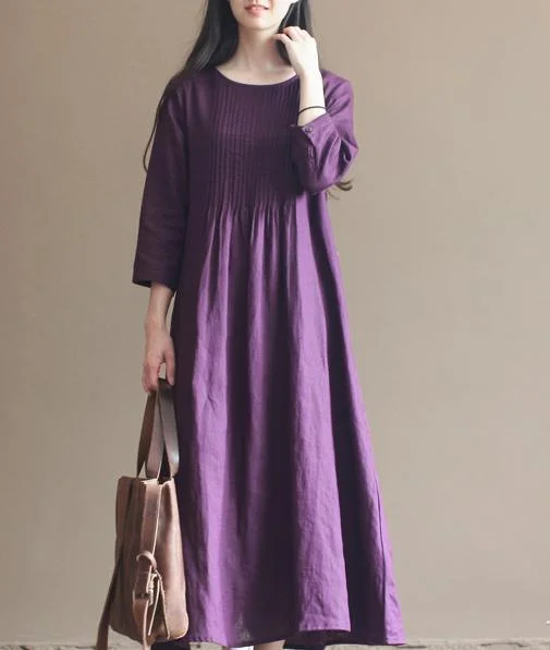 Fall Purple Linen Dresses Bracelet Sleeve Pleated Linen Maxi Dress Gowns Stylish Maxi Dress with Frills