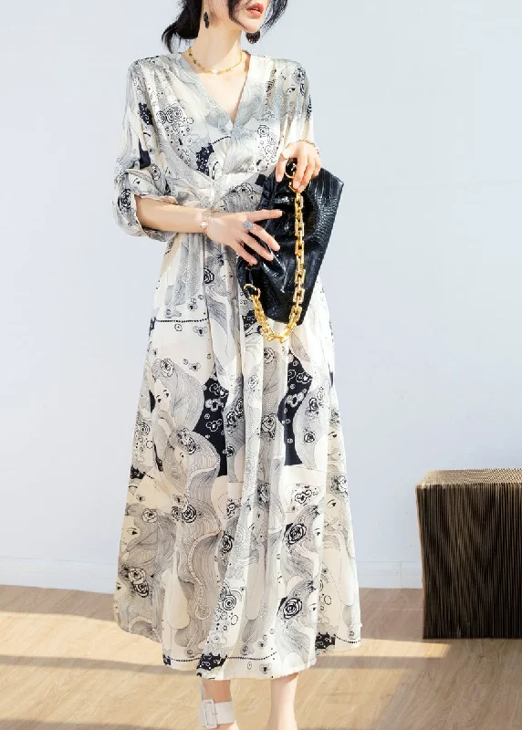 Fashion Beige V Neck Print Tie Waist Chiffon Maxi Dress Short Sleeve UU1055 Classic Tulle Maxi Dress