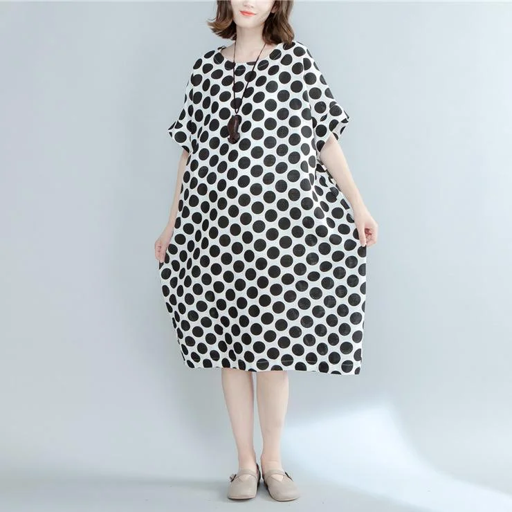 fashion black dotted linen maxi dress oversized short sleeve linen clothing dresses New o neck maxi dresses Stylish V-Neck Maxi Dress