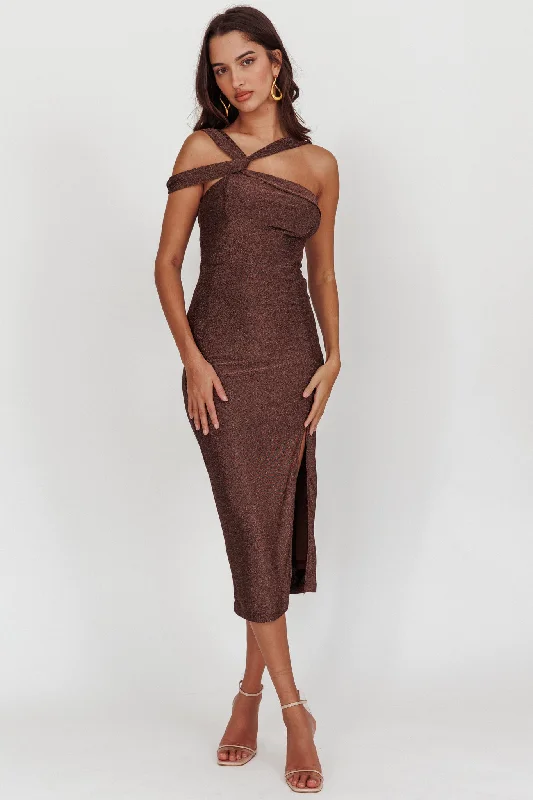 First Impressions One Shoulder Midi Dress Chocolate Trendy Midi Dress with Belt