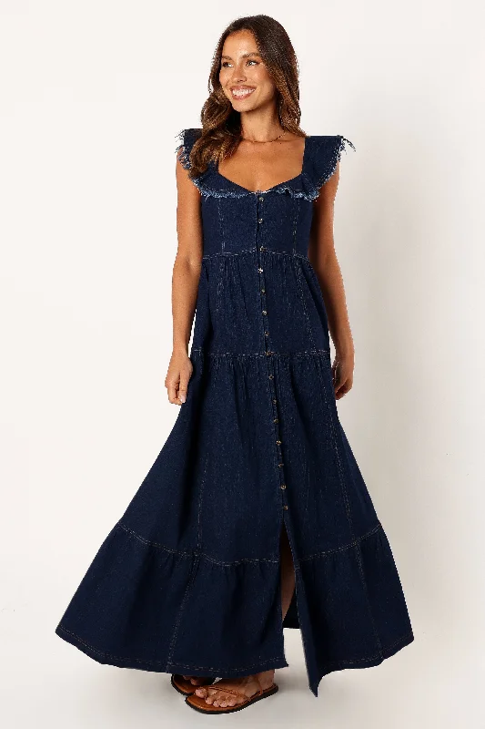 Fisher Frill Sleeve Maxi Dress - Dark Denim Elegant Maxi Dress with Belt