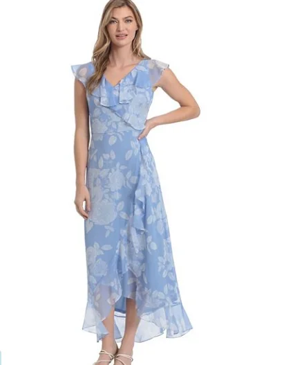 Floral Ruffle Hem Maxi Dress | Blue/White Fashionable Maxi Dress with Fringe