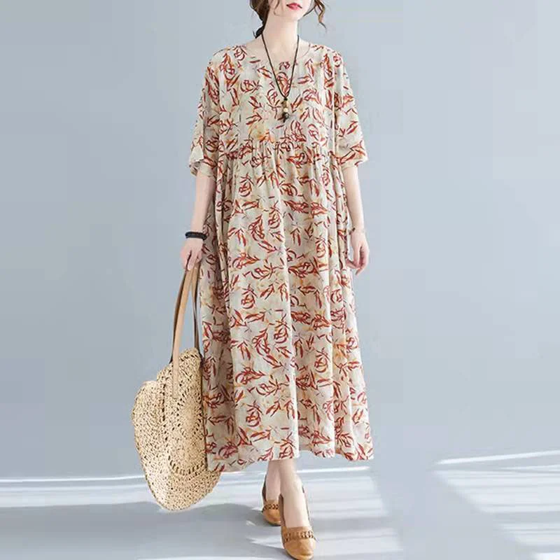 French High Waist Cotton Linen Wardrobes Pattern Khaki Prints Maxi Dress Summer ( Limited Stock) Comfortable Satin Maxi Dress