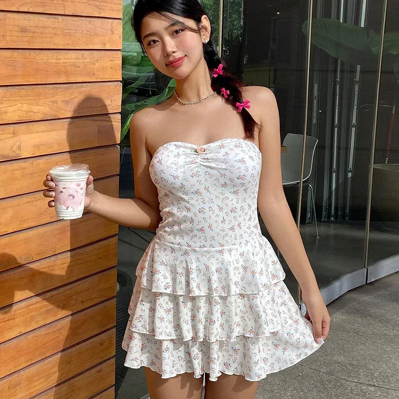 Frill Floral Backless One-shoulder Slim Birthday Party Short Mini Dress Comfortable Ruffle Mini Dress