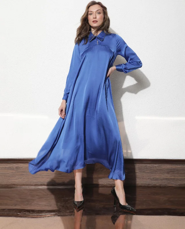 Rareism Women Galaxy Blue Shirt Collar Neck Full Sleeves With Back Zip Closure Satin Maxi Dress Comfortable Plunging Neckline Maxi Dress