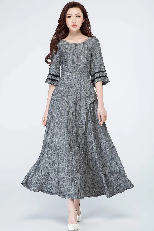 Grey dress, linen dress, maxi dress 1698 Trendy Fit-and-Flare Maxi Dress