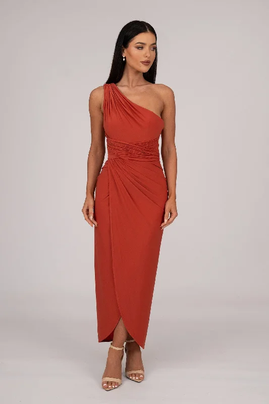 Hayden One Shoulder Midi Dress - Burnt Orange Comfortable Ribbed Midi Dress