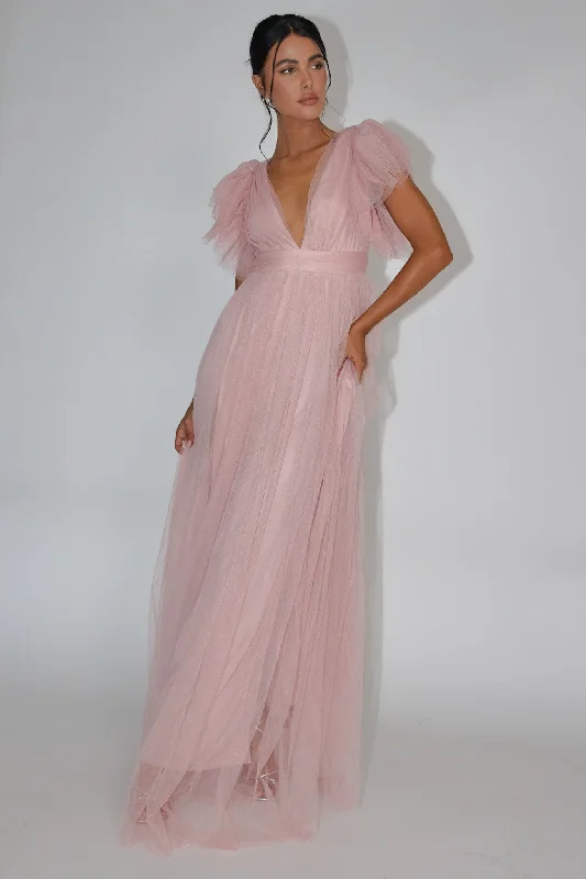 Heaven's Love Deep V-Neck Tulle Maxi Dress Blush Fashionable Halter Neck Maxi Dress