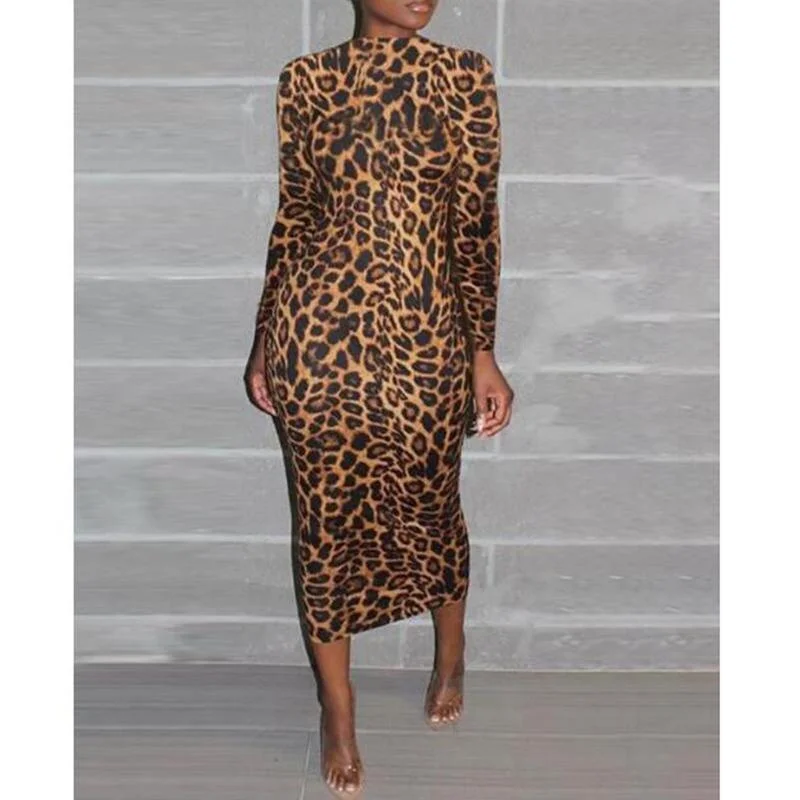 FashionSierra - High neck long sleeve leopard print dress women Slim fit turtlenecek midi dresses Autumn Bodycon Party dress Vestidos Elegant V-Neck Midi Dress