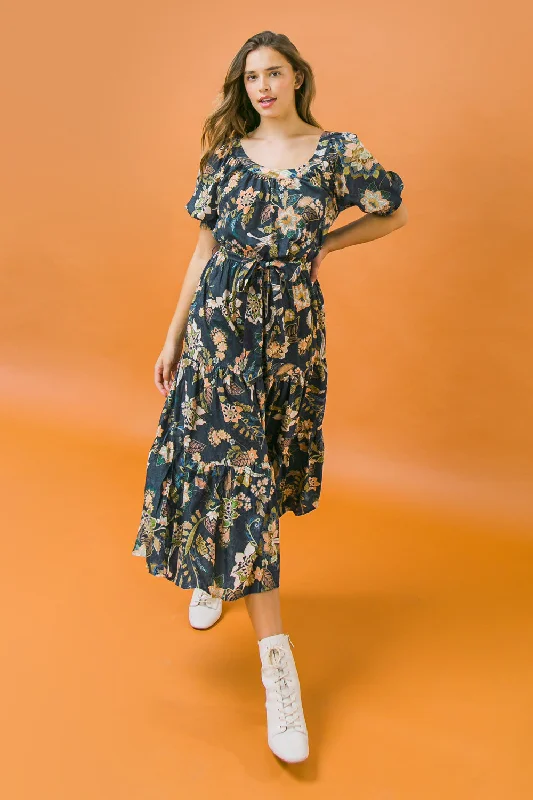 DREAMY DATE WOVEN MIDI DRESS Chic Floral Print Midi Dress