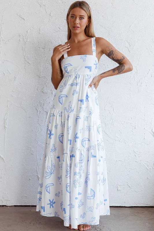 Indianna Square Neckline Maxi Dress Printed White Fashionable Sleeveless Maxi Dress