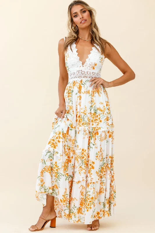 Indio Crochet Insert Deep V-Neckline Maxi Dress Floral Print White/Orange Fashionable Off-Shoulder Maxi Dress