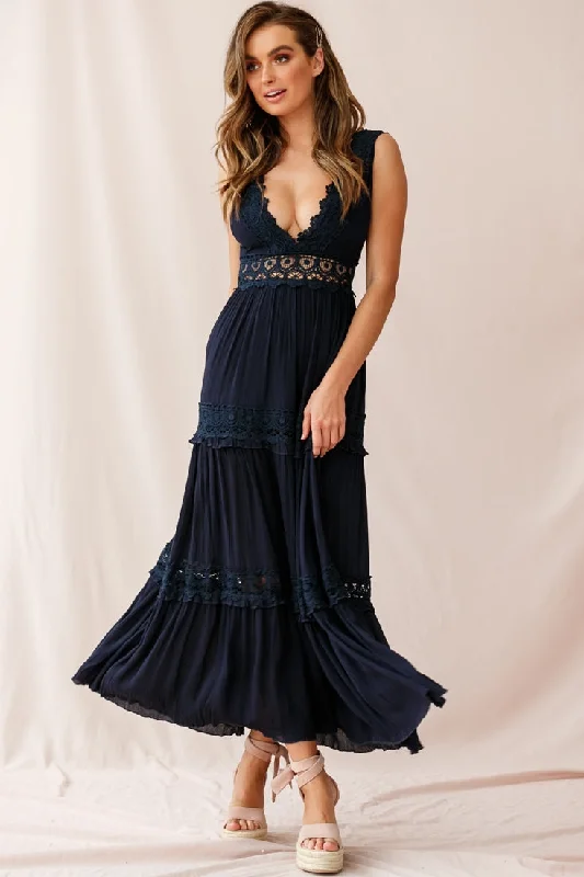 Indio Crochet Insert Deep V-Neckline Maxi Dress Navy Stylish Boho Maxi Dress