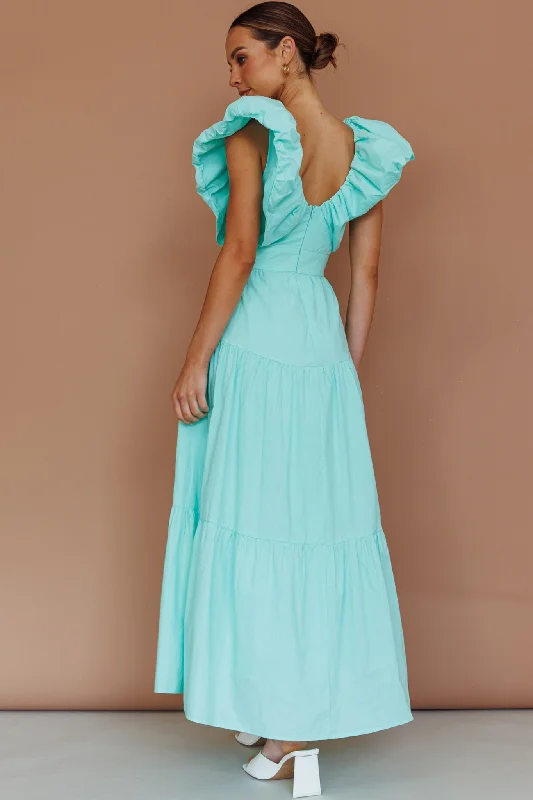 Kahlo Puffed Ruffle Neckline Maxi Dress Mint Trendy Maxi Dress with Bow