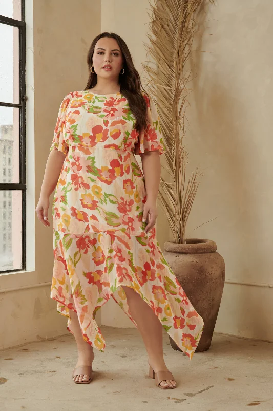 Kailua Floral Aerin Asymmetrical Flutter Midi Dress Curve Trendy Knit Midi Dress