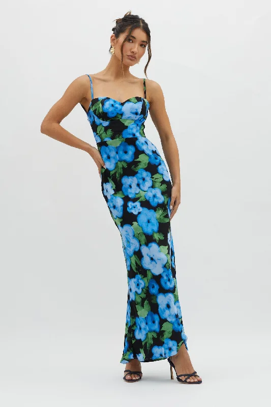 Kasha Low Back Maxi Dress Floral Blue Fashionable Layered Maxi Dress