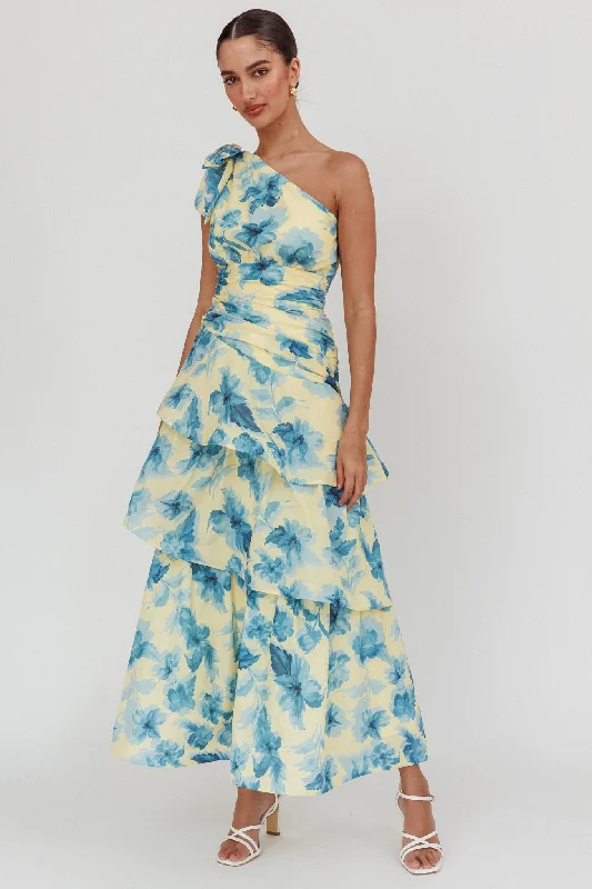 Kenny One Shoulder Tiered Floral Maxi Dress Yellow Comfortable Maxi Dress with Belt