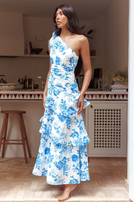 Kenny One Shoulder Tiered Maxi Dress Blue Chic Summer Floral Maxi Dress