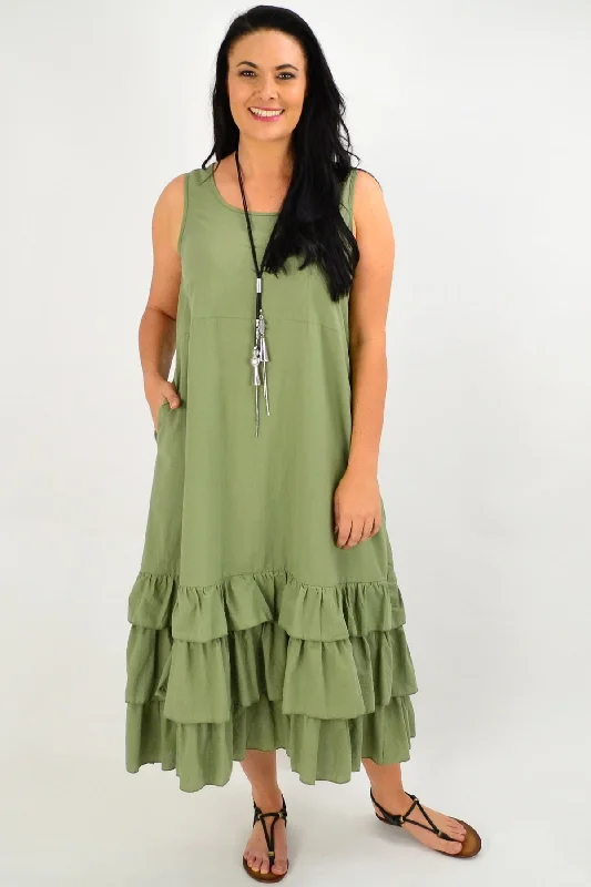 Khaki Ruffle Layer Tunic Maxi Dress Trendy Short Sleeve Maxi Dress