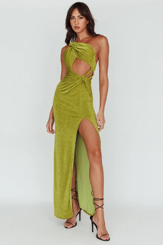 Kiah Twist Accent Thigh Split Midi Dress Moss Cozy Knit Midi Dress