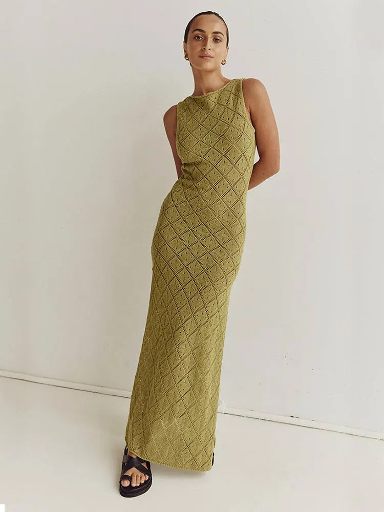 Knitted Hollow Sleeveless Maxi Dresses Elegant Lace-Up Maxi Dress