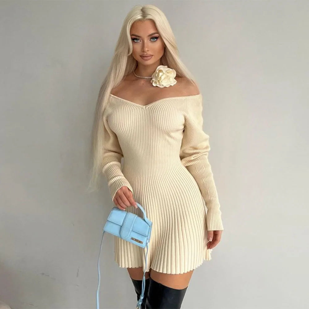 Knitted Rib Bodycon Deep V Neck Sexy Elegant Party Mini Dress Casual Mini Dress with Pockets