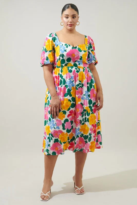 Kokomo Floral Farah Back Cut Out Midi Dress Curve Elegant Pleated Detail Midi Dress