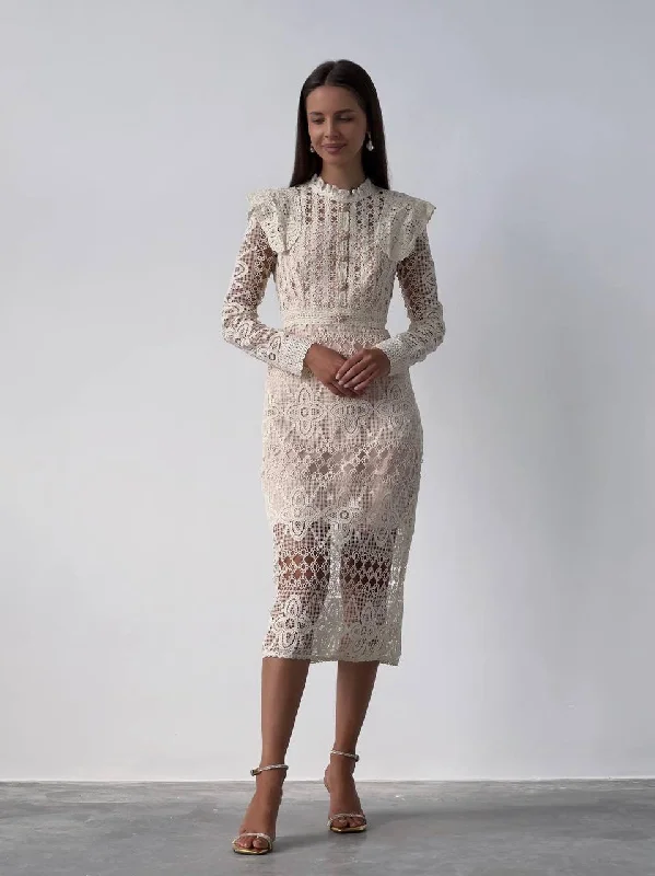 Lace Detail Cream Midi Dress Stylish Cold Shoulder Midi Dress