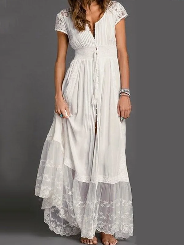 Lace Splicing Fringe Pleated Maxi Dress Short Sleeve Elegant Tiered Maxi Dress