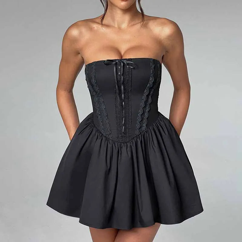 Lace Strapless Backless Bow Lace Up Sleeveless Solid Evening Mini Dress Elegant Silk Mini Dress