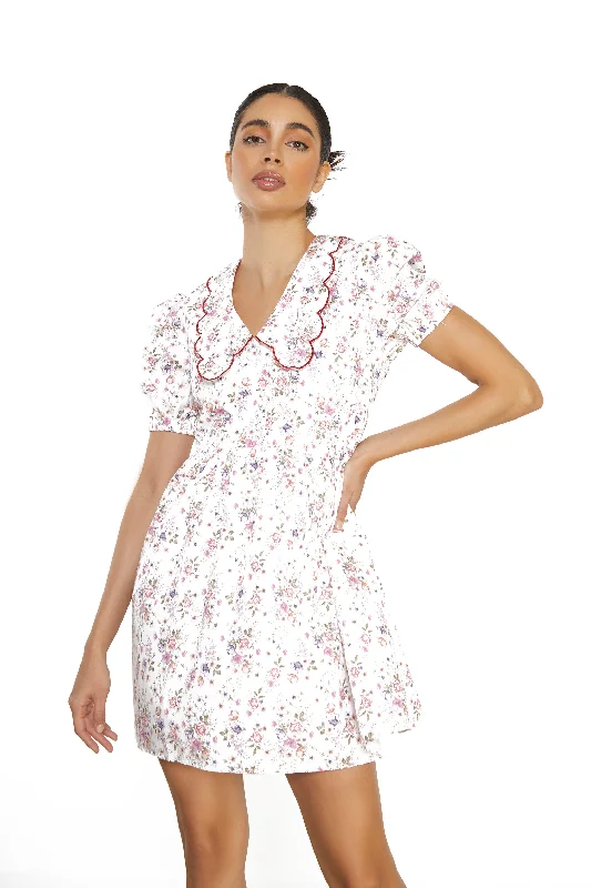 Glamorous White Vintage Flower Collar Short Sleeve Mini Dress Classic Floral Mini Dress