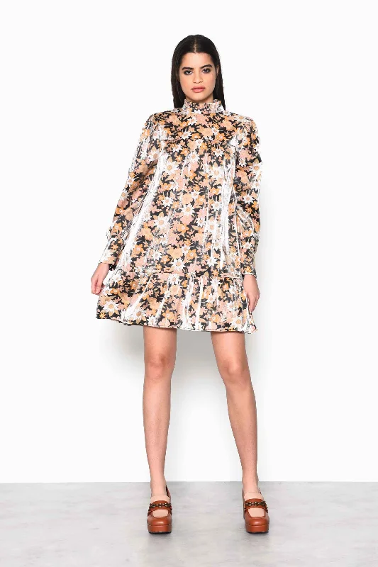 Glamorous Black Gold Multi Floral High Neck Mini Dress with Gathered Tiers and Sleeves Chic Tropical Mini Dress