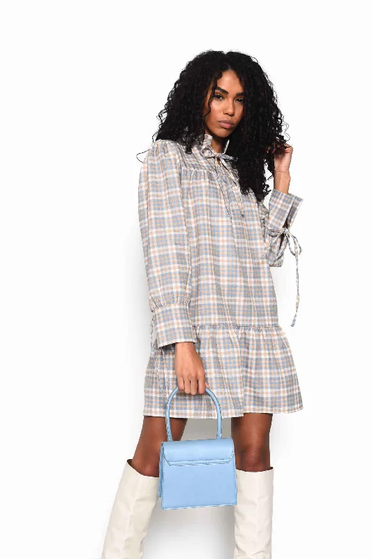 Glamorous Light Blue Multi Check Tiered Mini Dress with Neck Ruffle Stylish Plaid Mini Dress