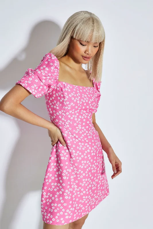 Glamorous Candy Pink Flower Square Neck Mini Dress Cozy Ribbed Mini Dress