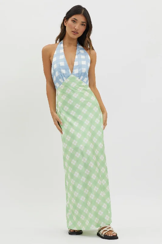 Lavara Halterneck Maxi Dress Checker Green Fashionable Maxi Dress with Fringe