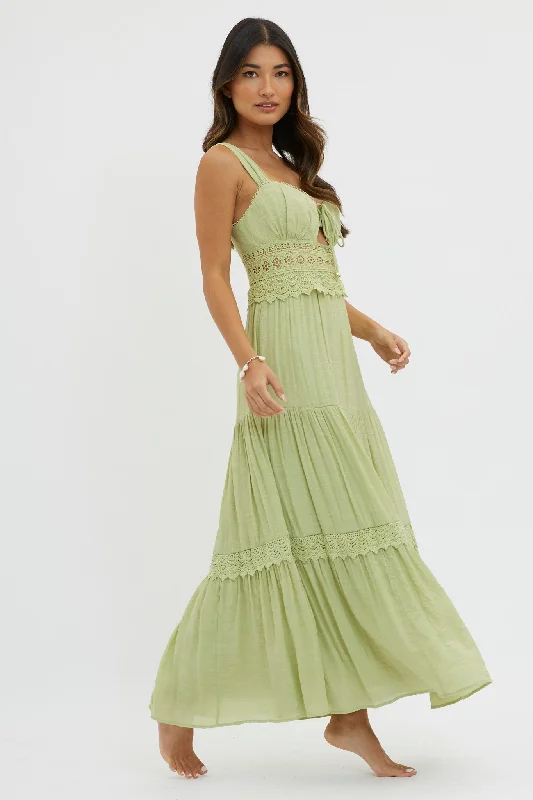 Libby Crochet Lace Waist Maxi Dress Green Stylish A-Line Maxi Dress