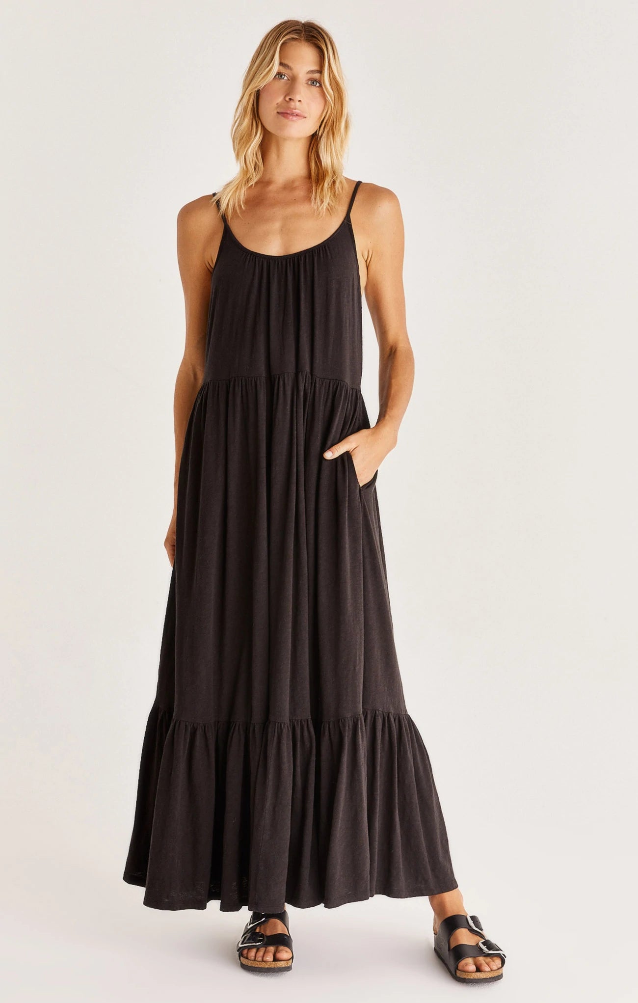 Lido Slub Maxi Dress | Black & Lavender Ash Comfortable Satin Maxi Dress