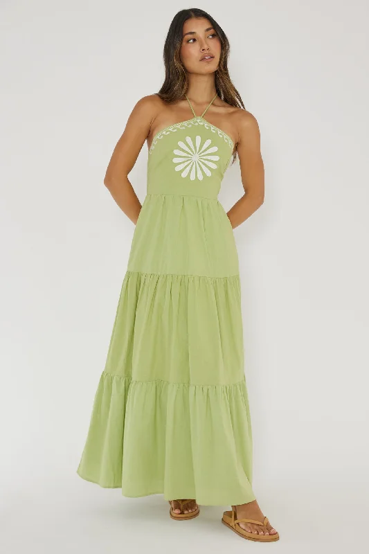 Life Elixir Halterneck Embroidered Maxi Dress Green Fashionable Layered Maxi Dress