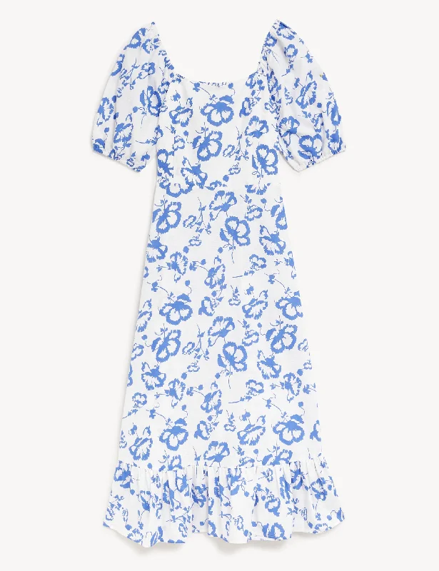 Linen Rich Floral Square Neck Midi Dress Fashionable High-Neck Midi Dress