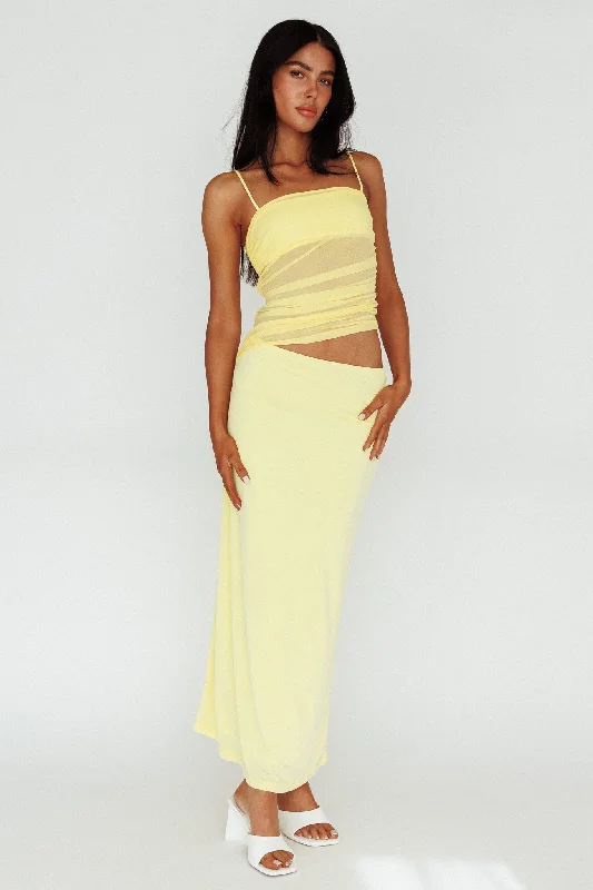 Lorely Ruched Bodice Midi Dress Yellow Elegant Satin Midi Dress