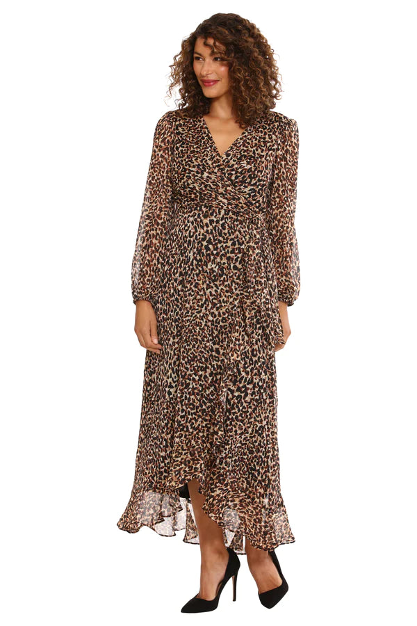 Long Sleeve Ruffle Wrap Maxi Dress | Leopard Print Fashionable Sleeveless Maxi Dress