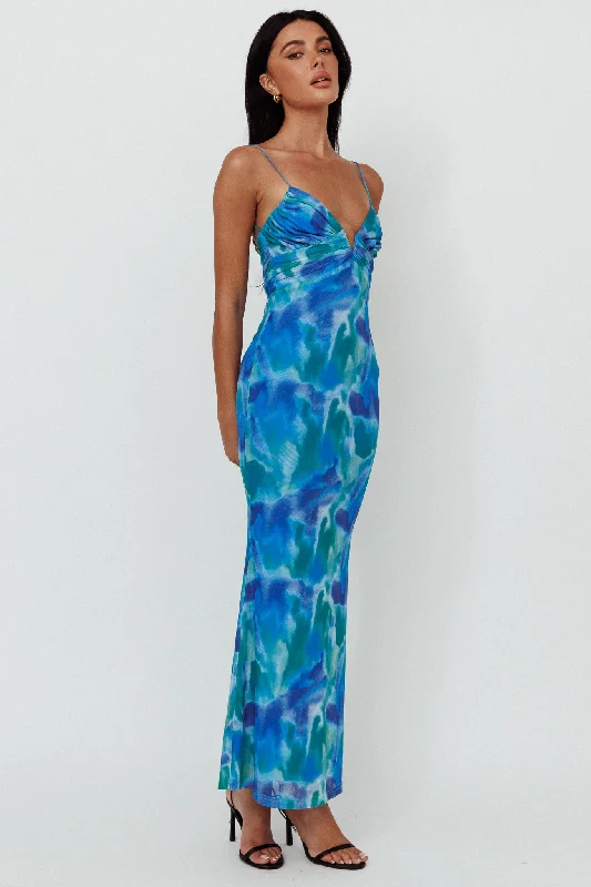 Marrakesh Gathered Bust Maxi Dress Print Blue Chic Summer Floral Maxi Dress