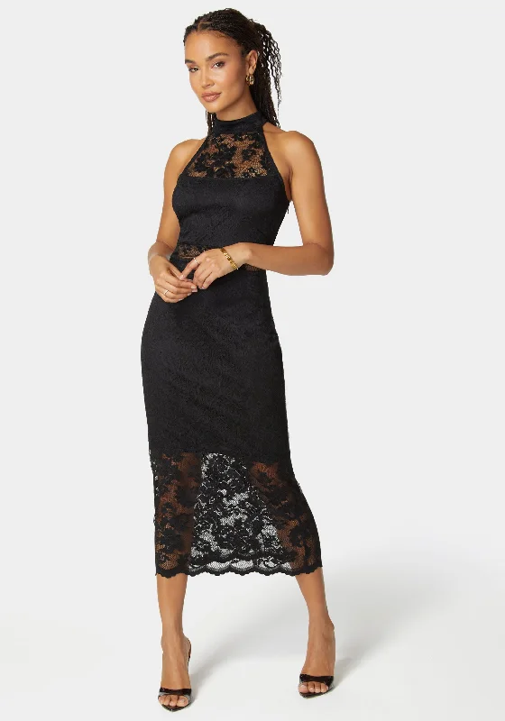 Marseille Lace Mock Neck Illusion Midi Dress Comfortable Ruched Midi Dress