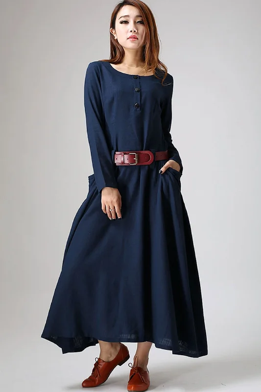 Maxi dress blue linen dress woman's long sleeve dress custom made long dress (890) Trendy Button Front Maxi Dress