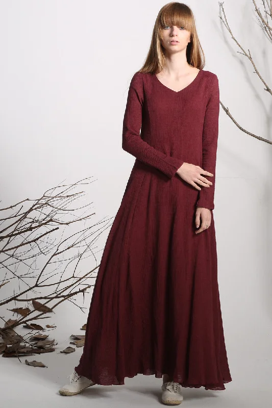 Maxi dress linen dress red long dress women dress 1138 Fashionable High-Low Maxi Dress