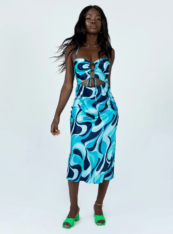 Mayia Midi Dress Blue Multi Comfortable Empire Waist Midi Dress