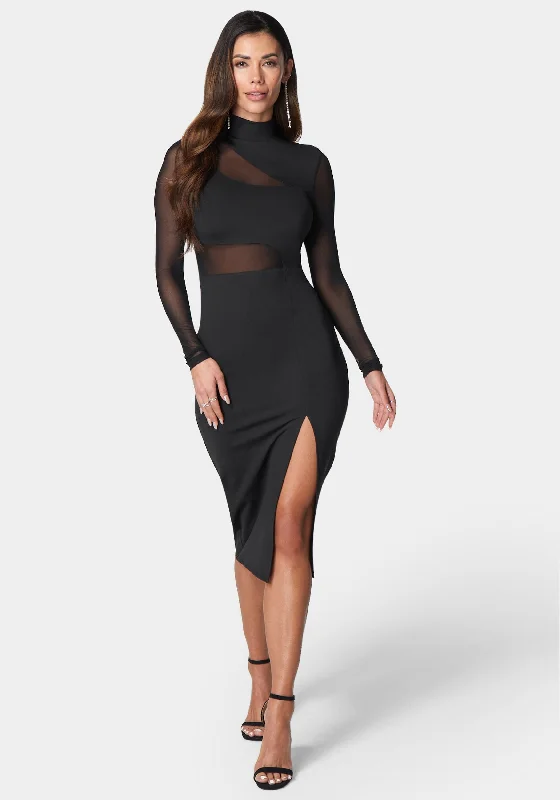 Mesh Inset Long Sleeve Midi Dress Stylish Halter Neck Midi Dress