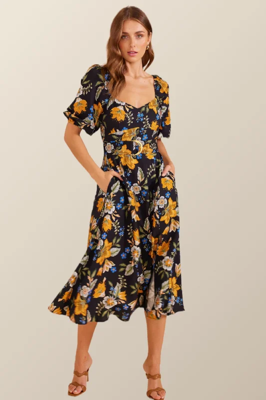 MINKPINK Womens Laurene Midi Dress - Black Floral Trendy Shift Midi Dress