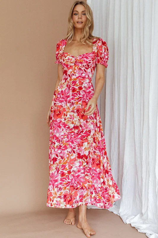 Montebello Puff Sleeve Maxi Dress Floral Pink/Orange Stylish Pleated A-Line Maxi Dress