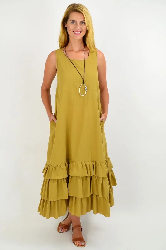 Mustard Ruffle Layer Tunic Maxi Dress Classic Solid Maxi Dress